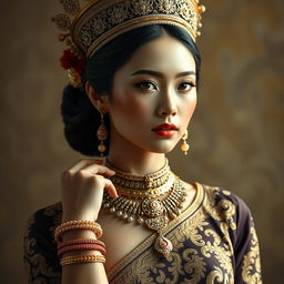 A beautiful 19-year-old young woman portraying a Javanese queen with a graceful and ideal proportional body