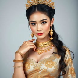 A beautiful 19-year-old young woman portraying a Javanese queen with a graceful and ideal proportional body