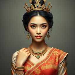 A beautiful 19-year-old young woman portraying a Javanese queen with a graceful and ideal proportional body