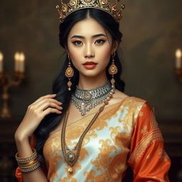 A beautiful 19-year-old young woman portraying a Javanese queen with a graceful and ideal proportional body