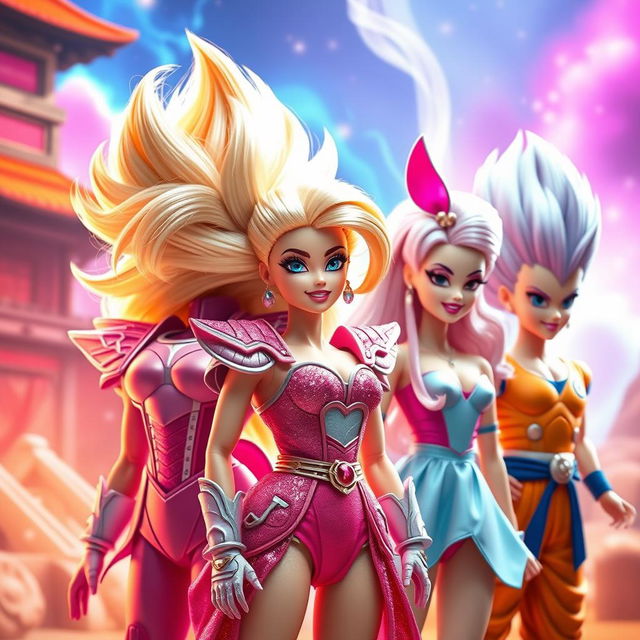 A fusion of Dragon Ball and Barbie, crafting a playful and dynamic scene