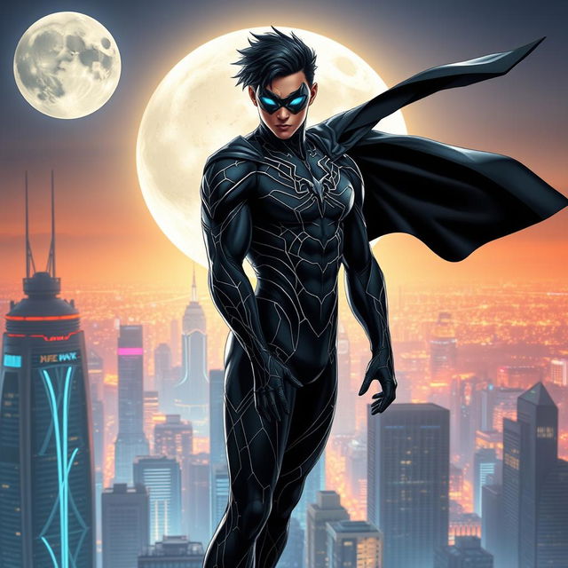 A charismatic and powerful young male superhero named Teia Negra standing atop a futuristic city skyline