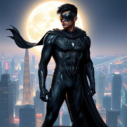 A charismatic and powerful young male superhero named Teia Negra standing atop a futuristic city skyline