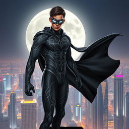 A charismatic and powerful young male superhero named Teia Negra standing atop a futuristic city skyline