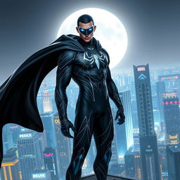 A charismatic and powerful young male superhero named Teia Negra standing atop a futuristic city skyline