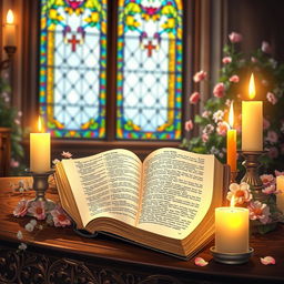 A beautifully illustrated depiction of an open Bible resting on an intricately carved wooden table, bathed in the warm glow of candlelight