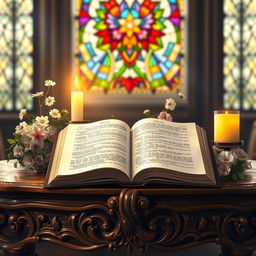 A beautifully illustrated depiction of an open Bible resting on an intricately carved wooden table, bathed in the warm glow of candlelight