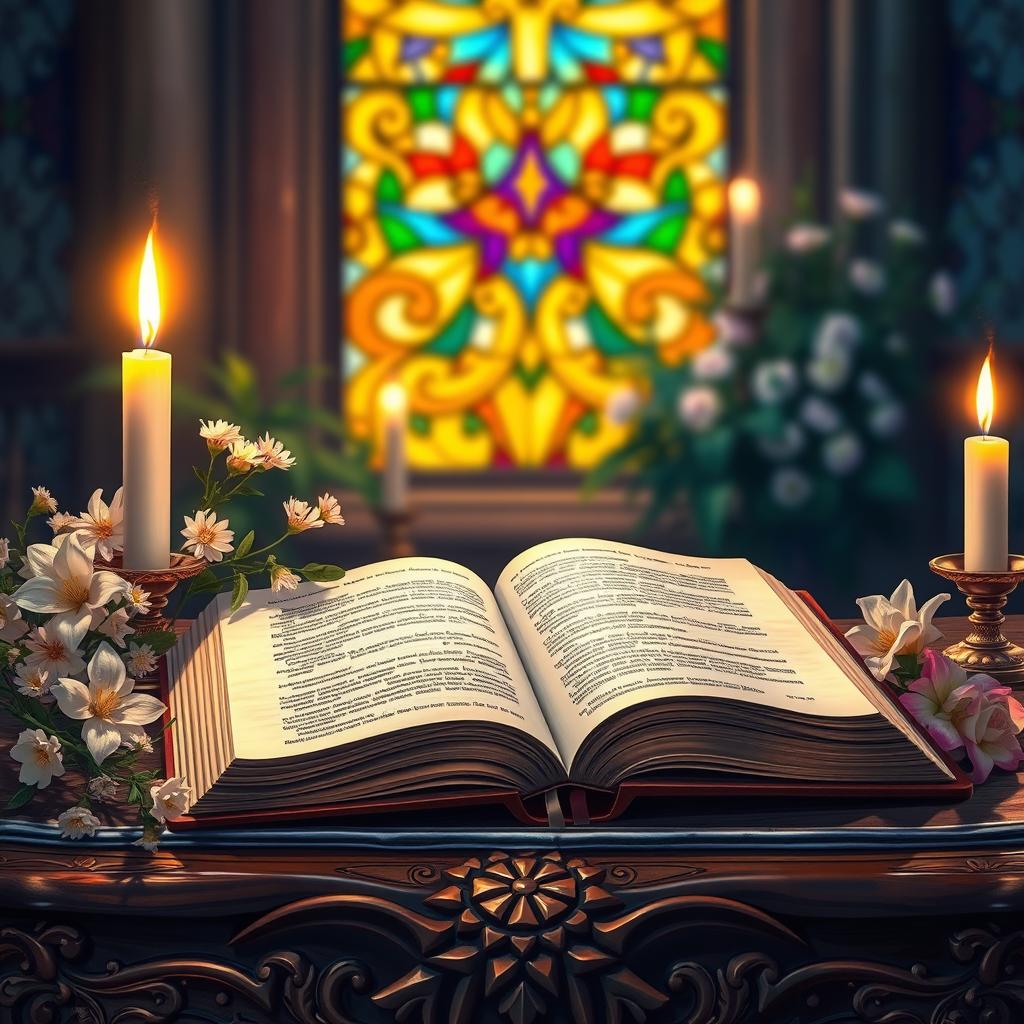 A beautifully illustrated depiction of an open Bible resting on an intricately carved wooden table, bathed in the warm glow of candlelight