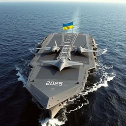 The year is 2025, and a stealth-themed futuristic Ukrainian aircraft carrier is cruising through the Black Sea