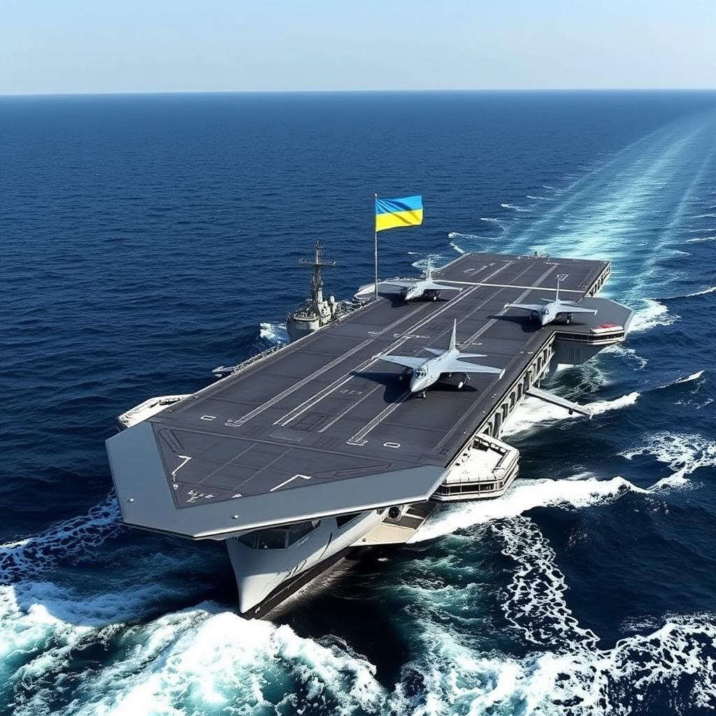 The year is 2025, and a stealth-themed futuristic Ukrainian aircraft carrier is cruising through the Black Sea