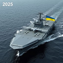 The year is 2025, and a stealth-themed futuristic Ukrainian aircraft carrier is cruising through the Black Sea