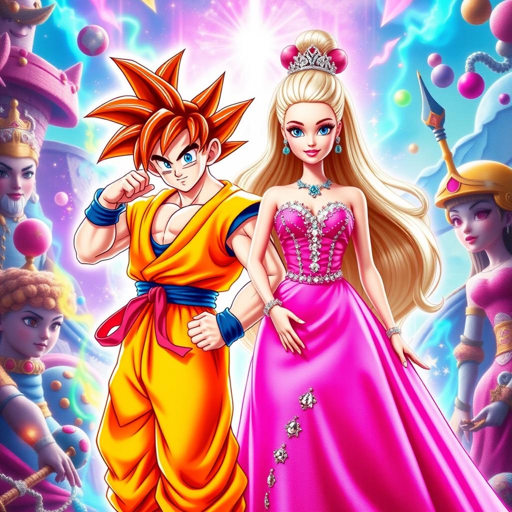 Goku from Dragon Ball in his iconic orange gi and Barbie in a glamorous pink dress, standing together as allies in a vibrant and imaginative setting