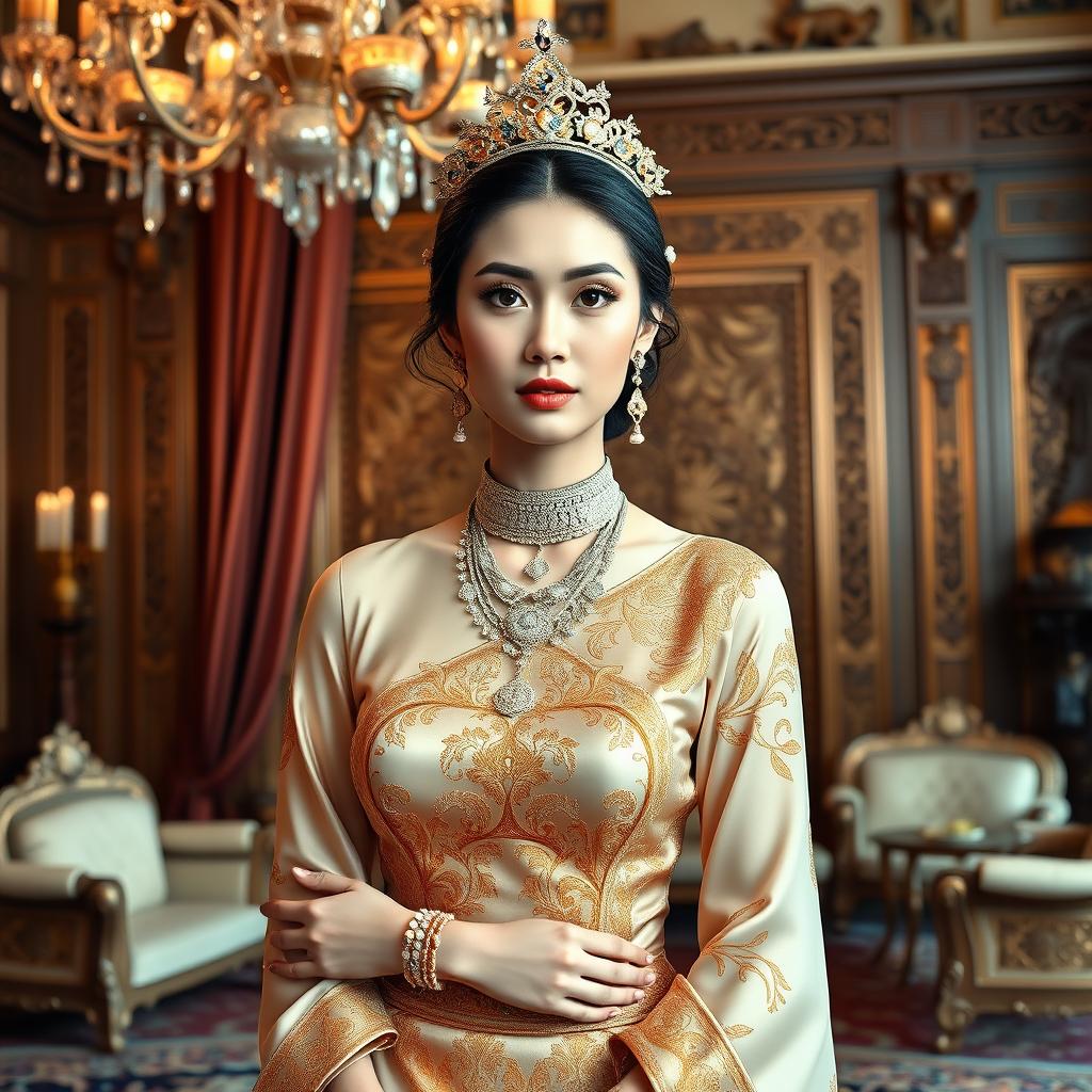 A beautiful 19-year-old woman portraying a Javanese queen with an ideal proportional body