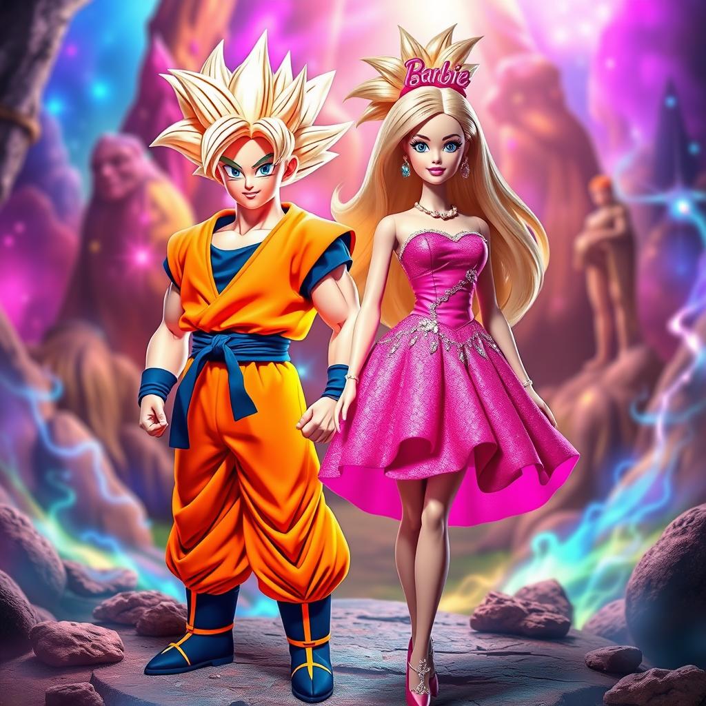 Goku from Dragon Ball in his iconic orange gi and Barbie in a glamorous pink dress, standing together as allies in a vibrant and imaginative setting