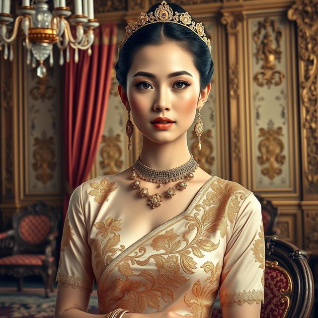 A beautiful 19-year-old woman portraying a Javanese queen with an ideal proportional body