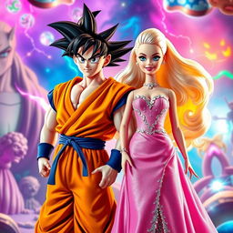 Goku from Dragon Ball in his iconic orange gi and Barbie in a glamorous pink dress, standing together as allies in a vibrant and imaginative setting