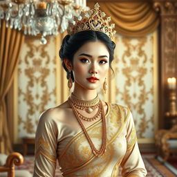 A beautiful 19-year-old woman portraying a Javanese queen with an ideal proportional body