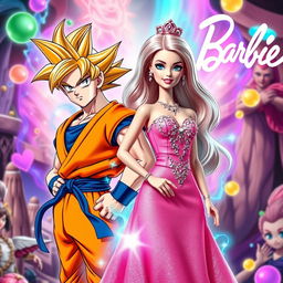 Goku from Dragon Ball in his iconic orange gi and Barbie in a glamorous pink dress, standing together as allies in a vibrant and imaginative setting