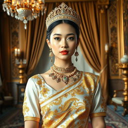 A beautiful 19-year-old woman portraying a Javanese queen with an ideal proportional body