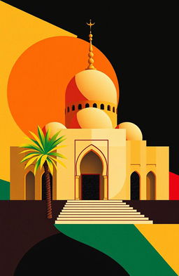 A minimalist Moroccan mausoleum blending cubism and abstract elements, featuring vibrant palm trees