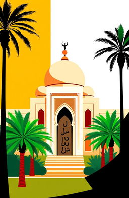 A minimalist Moroccan mausoleum blending cubism and abstract elements, featuring vibrant palm trees