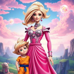 Barbie portrayed as the mother of Son Goku in a whimsical fusion of Dragon Ball and Barbie styles