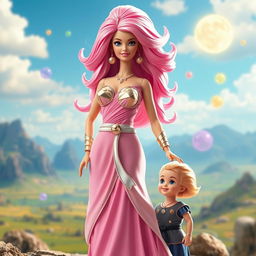 Barbie portrayed as the mother of Son Goku in a whimsical fusion of Dragon Ball and Barbie styles