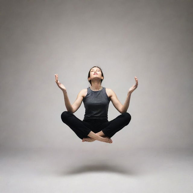 A person sitting cross-legged as if suspended magically in mid-air, sparking curiosity and wonder.