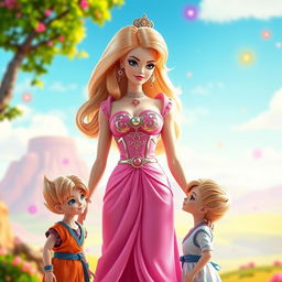 Barbie portrayed as the mother of Son Goku in a whimsical fusion of Dragon Ball and Barbie styles