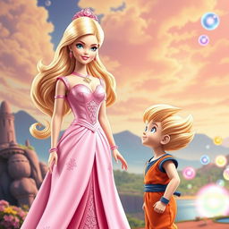 Barbie portrayed as the mother of Son Goku in a whimsical fusion of Dragon Ball and Barbie styles