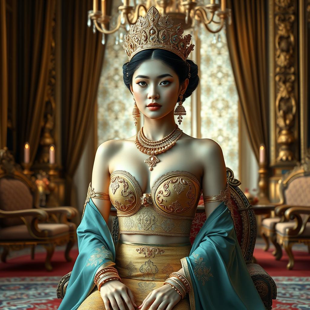 A beautiful 19-year-old young woman portraying a Javanese queen with an ideal proportional body