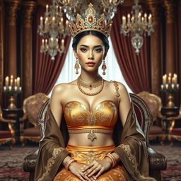 A beautiful 19-year-old young woman portraying a Javanese queen with an ideal proportional body