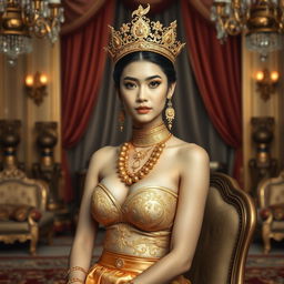 A beautiful 19-year-old young woman portraying a Javanese queen with an ideal proportional body