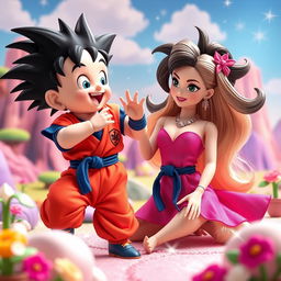 Child Son Goku from Dragon Ball in his classic outfit, playfully interacting with Barbie in a whimsical and colorful setting