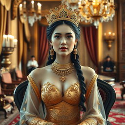 A beautiful 19-year-old young woman portraying a Javanese queen with an ideal proportional body