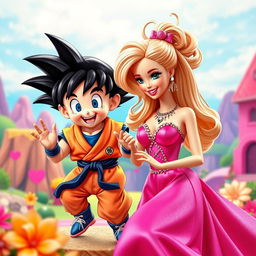 Child Son Goku from Dragon Ball in his classic outfit, playfully interacting with Barbie in a whimsical and colorful setting