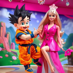 Child Son Goku from Dragon Ball in his classic outfit, playfully interacting with Barbie in a whimsical and colorful setting