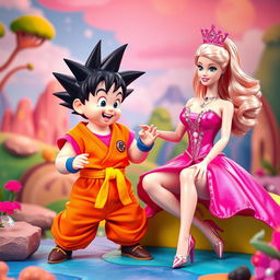 Child Son Goku from Dragon Ball in his classic outfit, playfully interacting with Barbie in a whimsical and colorful setting