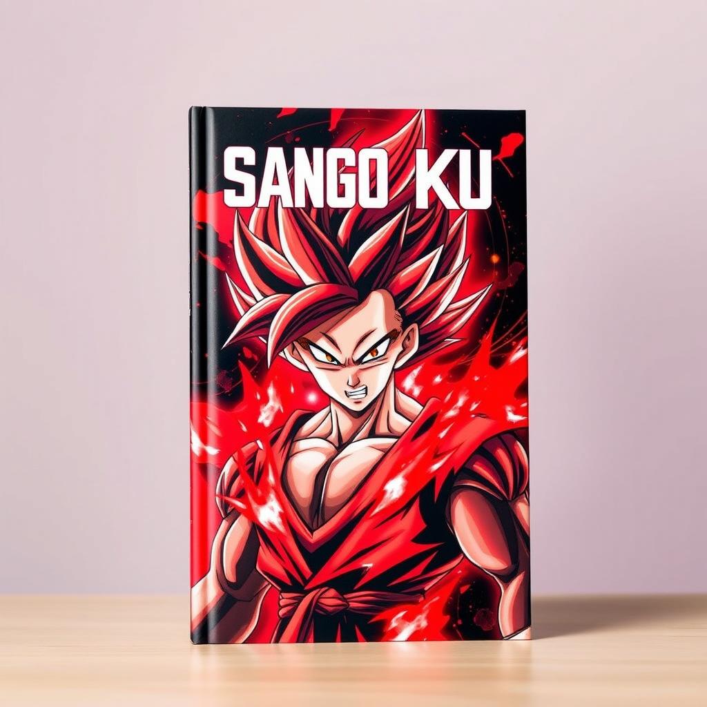 A dynamic and energetic book cover featuring Sango Ku in his Super Saiyan Red form