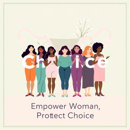 A professional pro-abortion poster designed with clean lines and a modern aesthetic, featuring a diverse group of women standing together, each holding a letter that collectively spells out "Choice"