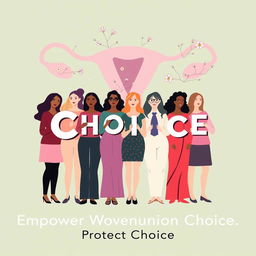 A professional pro-abortion poster designed with clean lines and a modern aesthetic, featuring a diverse group of women standing together, each holding a letter that collectively spells out "Choice"