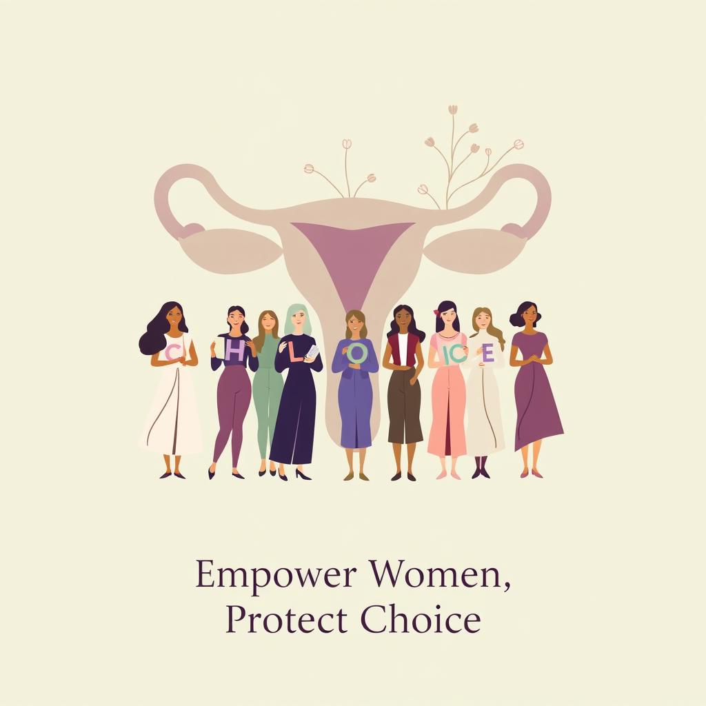 A professional pro-abortion poster designed with clean lines and a modern aesthetic, featuring a diverse group of women standing together, each holding a letter that collectively spells out "Choice"