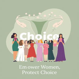 A professional pro-abortion poster designed with clean lines and a modern aesthetic, featuring a diverse group of women standing together, each holding a letter that collectively spells out "Choice"