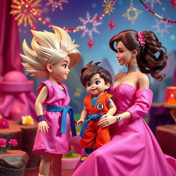 Barbie in a stylish and vibrant pink outfit, playfully interacting with a young Son Goku from Dragon Ball in his classic attire