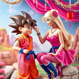 Barbie in a stylish and vibrant pink outfit, playfully interacting with a young Son Goku from Dragon Ball in his classic attire