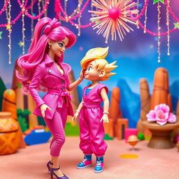 Barbie in a stylish and vibrant pink outfit, playfully interacting with a young Son Goku from Dragon Ball in his classic attire