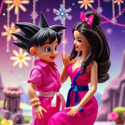 Barbie in a stylish and vibrant pink outfit, playfully interacting with a young Son Goku from Dragon Ball in his classic attire