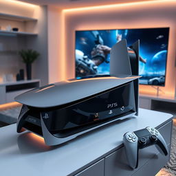 A futuristic and sleek design of the PS5 Pro 2024, showcasing a cutting-edge console with a streamlined shape and advanced technological detailing