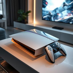 A futuristic and sleek design of the PS5 Pro 2024, showcasing a cutting-edge console with a streamlined shape and advanced technological detailing