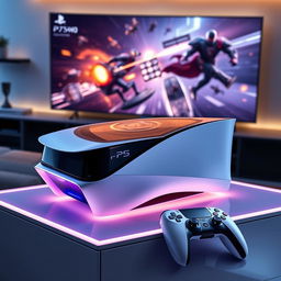 A futuristic and sleek design of the PS5 Pro 2024, showcasing a cutting-edge console with a streamlined shape and advanced technological detailing